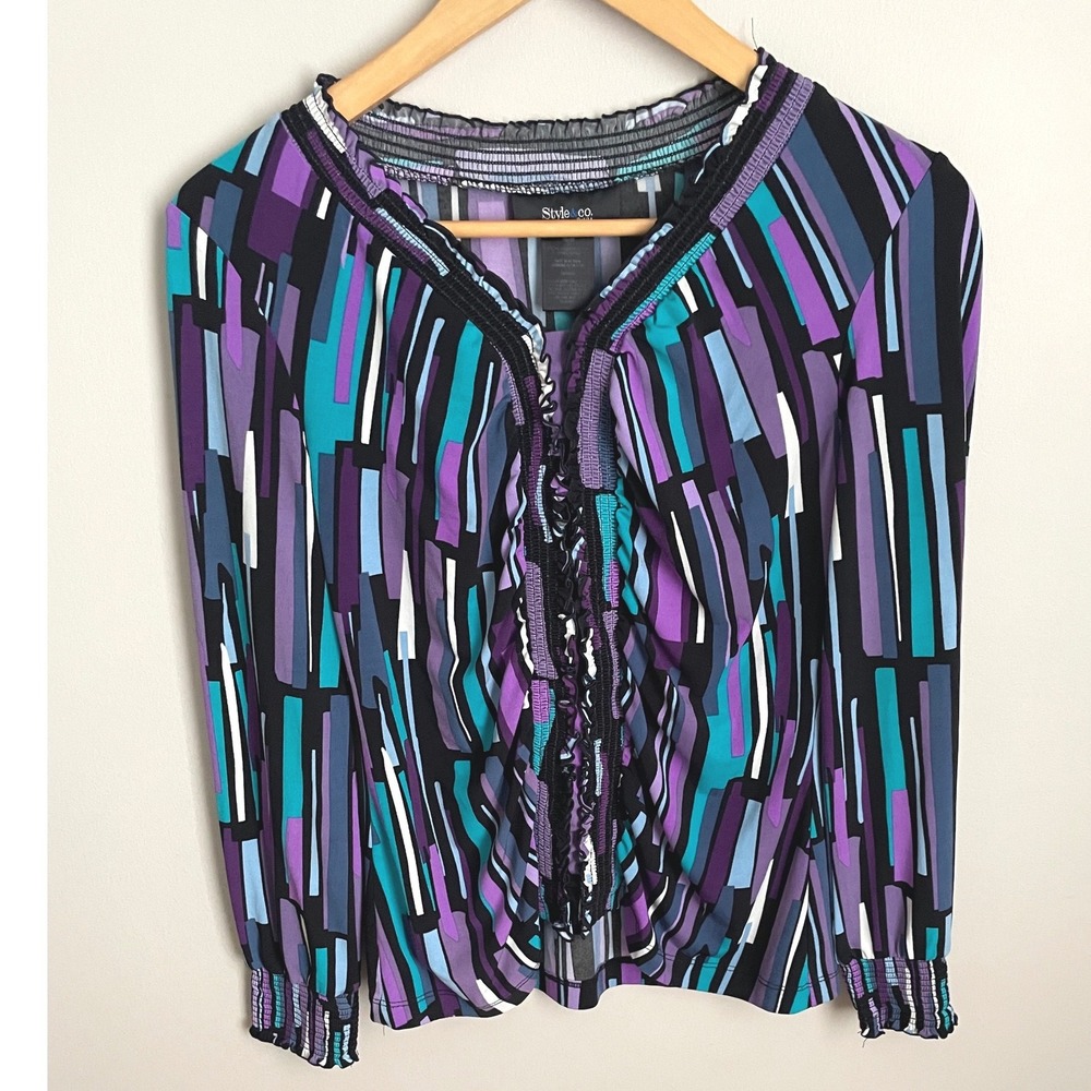 Style & Co Petite Purple Teal Geometric Abstract Ruffle Smocked Blouse PM